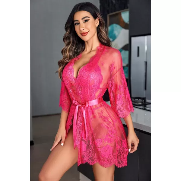 Avidlove Women Sexy Lingerie Set 2 Piece Lace Kimono Robe with Lace Teddy Lingerie BodysuitRose Red