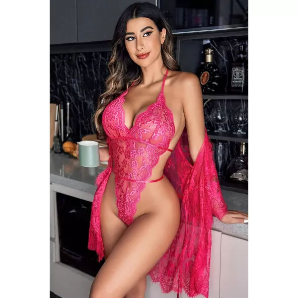 Avidlove Women Sexy Lingerie Set 2 Piece Lace Kimono Robe with Lace Teddy Lingerie BodysuitRose Red