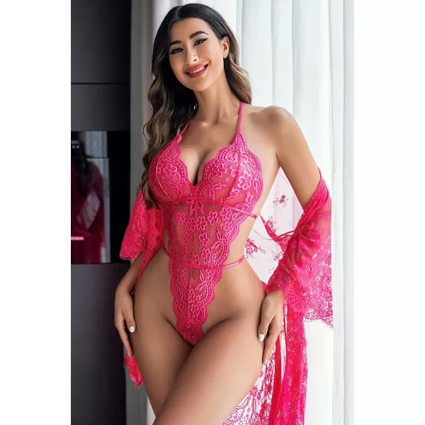 Avidlove Women Sexy Lingerie Set 2 Piece Lace Kimono Robe with Lace Teddy Lingerie BodysuitRose Red