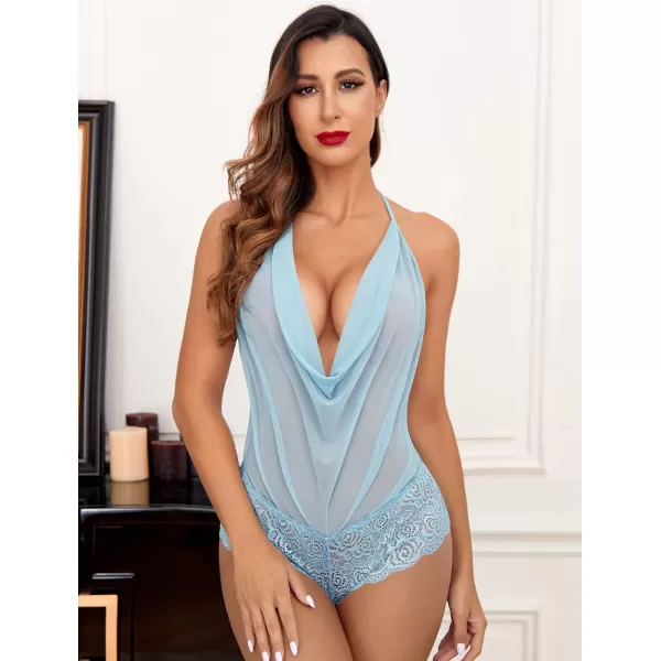 Avidlove Women Sexy Lingerie Teddy One Piece Lace Halter Babydoll BodysuitLight Blue