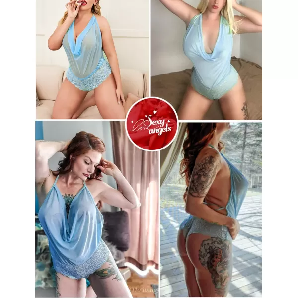 Avidlove Women Sexy Lingerie Teddy One Piece Lace Halter Babydoll BodysuitLight Blue