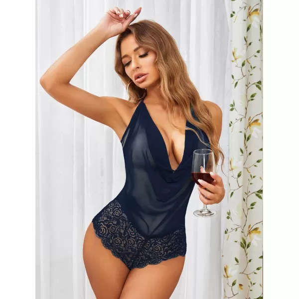 Avidlove Women Sexy Lingerie Teddy One Piece Lace Halter Babydoll BodysuitNavy Blue