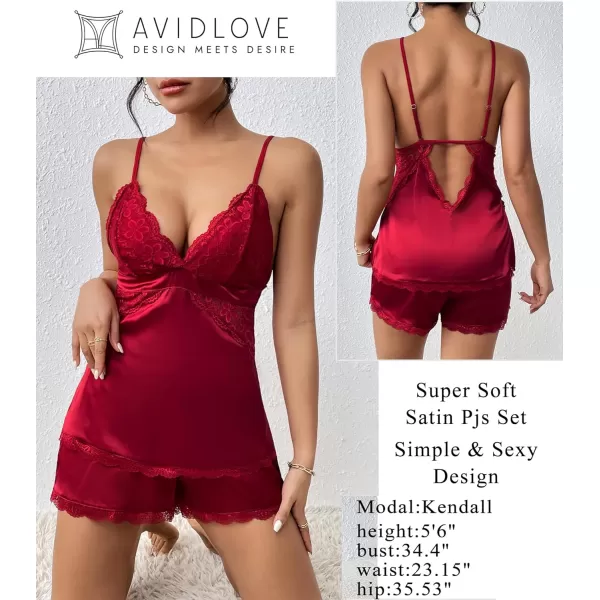 Avidlove Women Sleepwear Satin Pajamas Set Lace Camisole Shorts NightwearA Dark Red