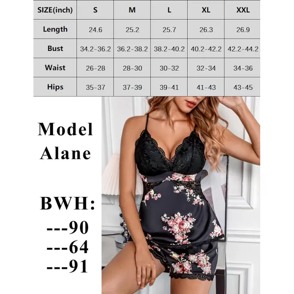 Avidlove Women Sleepwear Satin Pajamas Set Lace Camisole Shorts NightwearBlack Floral