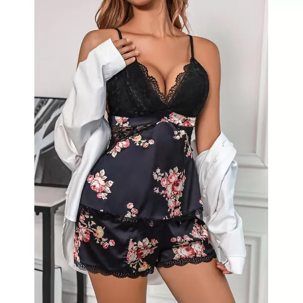 Avidlove Women Sleepwear Satin Pajamas Set Lace Camisole Shorts NightwearBlack Floral