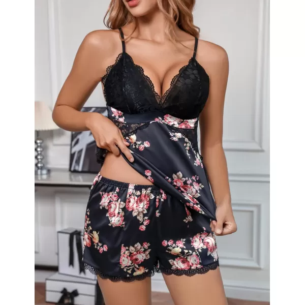 Avidlove Women Sleepwear Satin Pajamas Set Lace Camisole Shorts NightwearBlack Floral