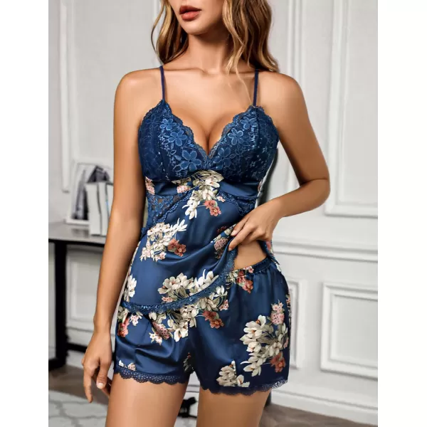 Avidlove Women Sleepwear Satin Pajamas Set Lace Camisole Shorts NightwearNavy Floral