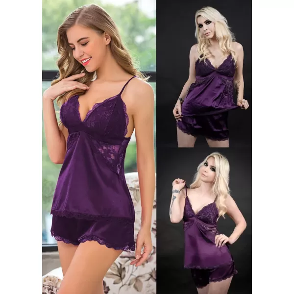 Avidlove Women Sleepwear Satin Pajamas Set Lace Camisole Shorts NightwearPurple