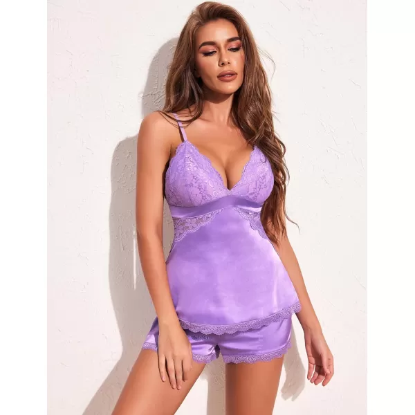 Avidlove Women Sleepwear Satin Pajamas Set Lace Camisole Shorts NightwearViolet