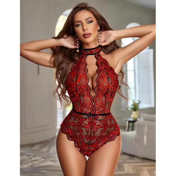 Avidlove Women Snap Crotch Lingerie Sexy Lace Bodysuit Deep V Teddy One Piece Babydoll Nightgown XSXXLBlackampredwith Snap Crotch