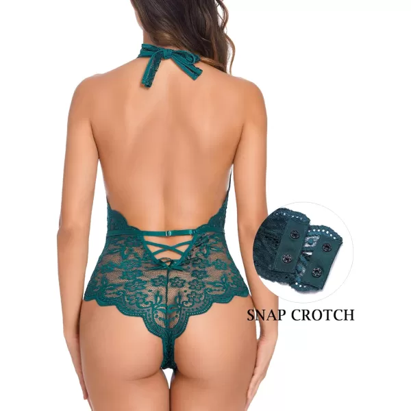 Avidlove Women Snap Crotch Lingerie Sexy Lace Bodysuit Deep V Teddy One Piece Babydoll Nightgown XSXXLDark Greenwith Snap Crotch