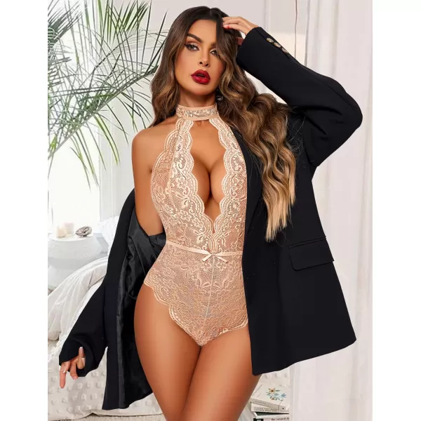 Avidlove Women Snap Crotch Lingerie Sexy Lace Bodysuit Deep V Teddy One Piece Babydoll Nightgown XSXXLKhakiwith Snap Crotch