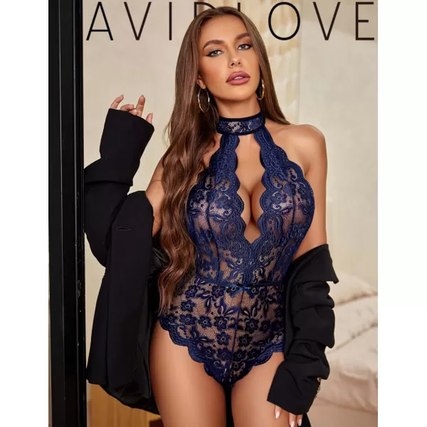 Avidlove Women Snap Crotch Lingerie Sexy Lace Bodysuit Deep V Teddy One Piece Babydoll Nightgown XSXXLNavy Bluewith Snap Crotch