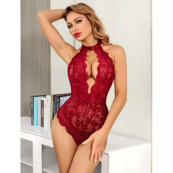 Avidlove Women Snap Crotch Lingerie Sexy Lace Bodysuit Deep V Teddy One Piece Babydoll Nightgown XSXXLWine Redwith Snap Crotch