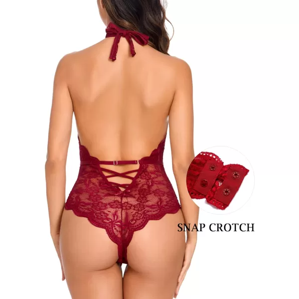 Avidlove Women Snap Crotch Lingerie Sexy Lace Bodysuit Deep V Teddy One Piece Babydoll Nightgown XSXXLWine Redwith Snap Crotch