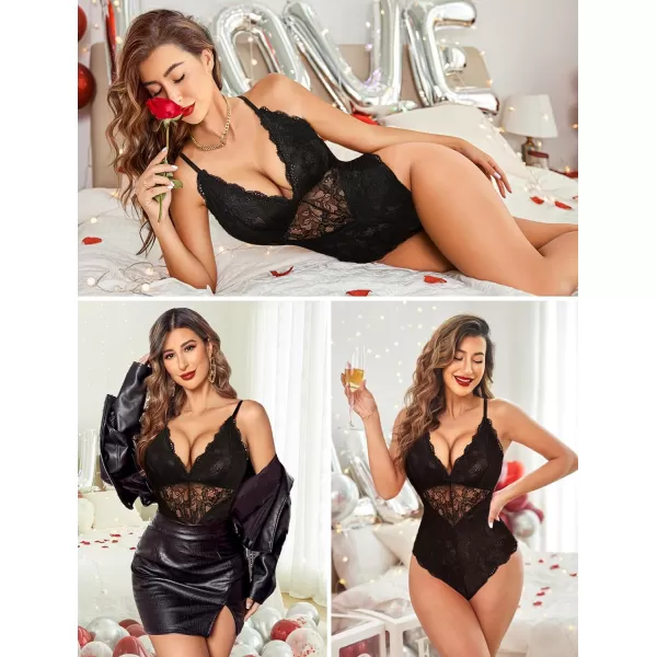 Avidlove Women Snap Crotch Lingerie Sexy Lace Bodysuit Deep V Teddy One Piece Lace BabydollBlackwith Snap Crotch