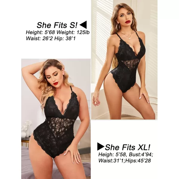 Avidlove Women Snap Crotch Lingerie Sexy Lace Bodysuit Deep V Teddy One Piece Lace BabydollBlackwith Snap Crotch