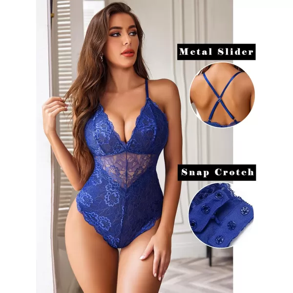 Avidlove Women Snap Crotch Lingerie Sexy Lace Bodysuit Deep V Teddy One Piece Lace BabydollBluewith Snap Crotch