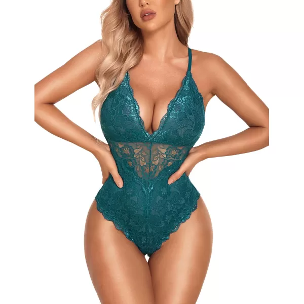 Avidlove Women Snap Crotch Lingerie Sexy Lace Bodysuit Deep V Teddy One Piece Lace BabydollBottle Greenwith Snap Crotch