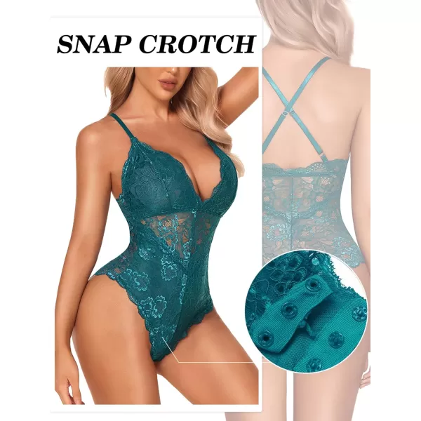 Avidlove Women Snap Crotch Lingerie Sexy Lace Bodysuit Deep V Teddy One Piece Lace BabydollBottle Greenwith Snap Crotch