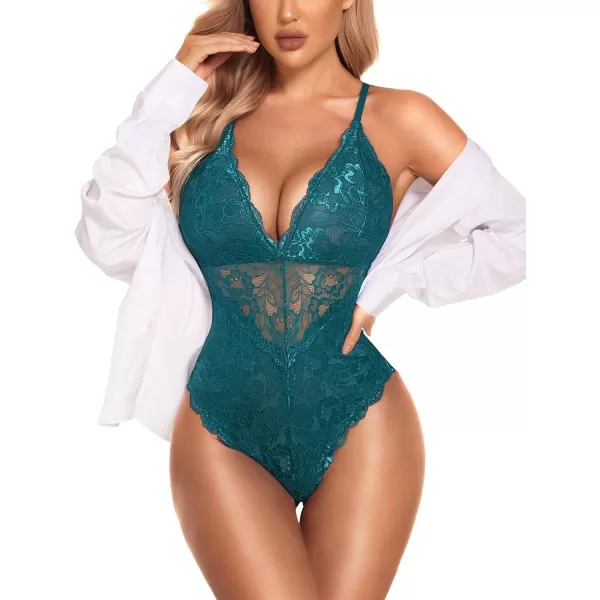 Avidlove Women Snap Crotch Lingerie Sexy Lace Bodysuit Deep V Teddy One Piece Lace BabydollBottle Greenwith Snap Crotch