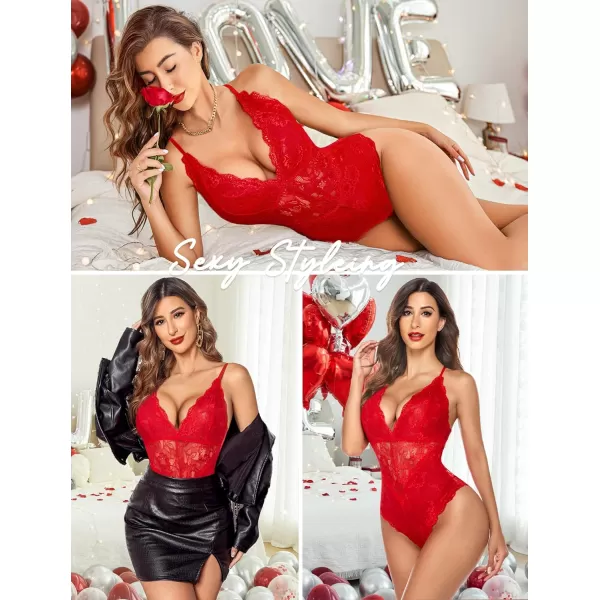 Avidlove Women Snap Crotch Lingerie Sexy Lace Bodysuit Deep V Teddy One Piece Lace BabydollBright Redwith Snap Crotch