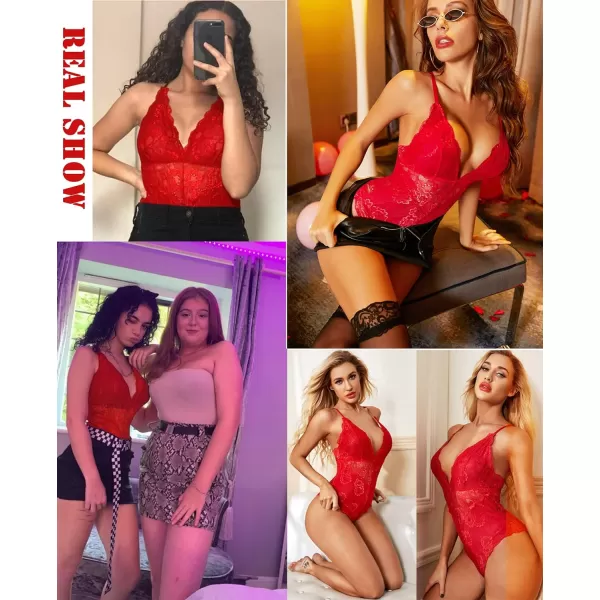 Avidlove Women Snap Crotch Lingerie Sexy Lace Bodysuit Deep V Teddy One Piece Lace BabydollBright Redwith Snap Crotch