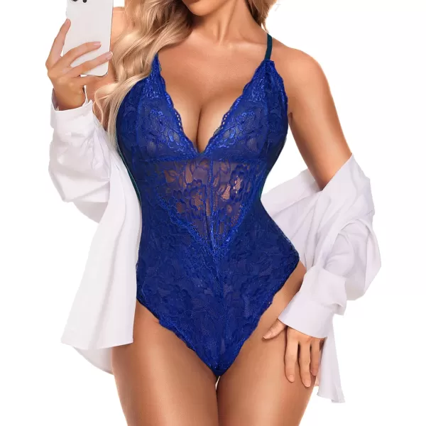 Avidlove Women Snap Crotch Lingerie Sexy Lace Bodysuit Deep V Teddy One Piece Lace BabydollBrilliant Bluewith Snap Crotch