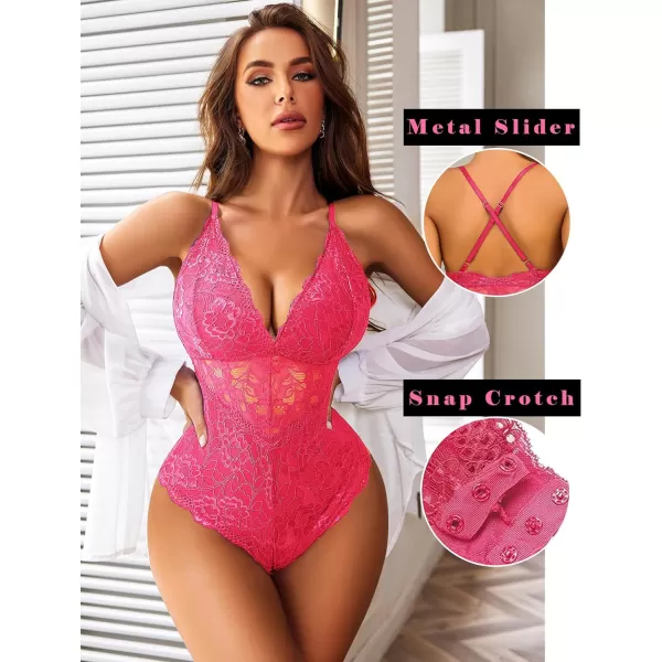 Avidlove Women Snap Crotch Lingerie Sexy Lace Bodysuit Deep V Teddy One Piece Lace BabydollChot Pinkwith Snap Crotch