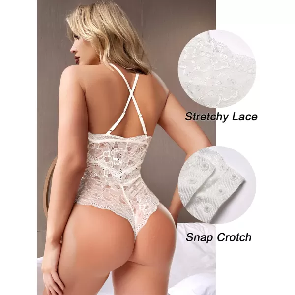 Avidlove Women Snap Crotch Lingerie Sexy Lace Bodysuit Deep V Teddy One Piece Lace BabydollCream Whitewith Snap Crotch