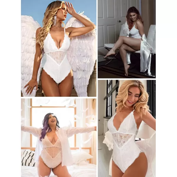 Avidlove Women Snap Crotch Lingerie Sexy Lace Bodysuit Deep V Teddy One Piece Lace BabydollCream Whitewith Snap Crotch