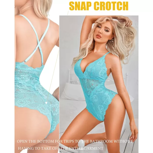 Avidlove Women Snap Crotch Lingerie Sexy Lace Bodysuit Deep V Teddy One Piece Lace BabydollCsky Bluewith Snap Crotch