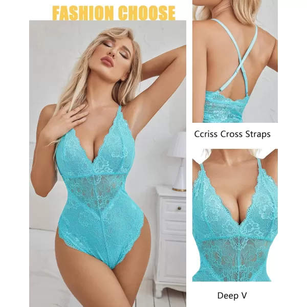 Avidlove Women Snap Crotch Lingerie Sexy Lace Bodysuit Deep V Teddy One Piece Lace BabydollCsky Bluewith Snap Crotch