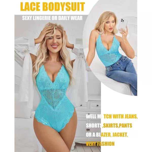 Avidlove Women Snap Crotch Lingerie Sexy Lace Bodysuit Deep V Teddy One Piece Lace BabydollCsky Bluewith Snap Crotch