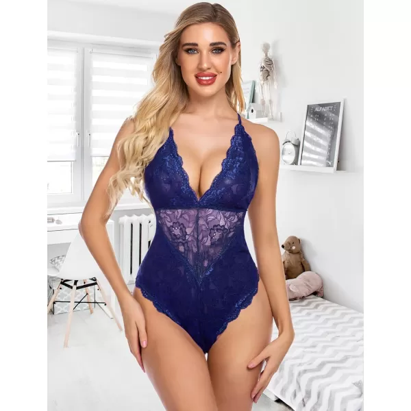 Avidlove Women Snap Crotch Lingerie Sexy Lace Bodysuit Deep V Teddy One Piece Lace BabydollDark Bluewith Snap Crotch