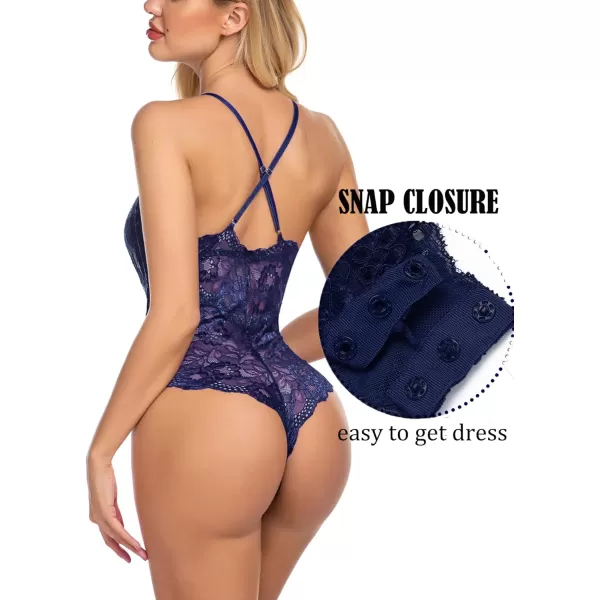 Avidlove Women Snap Crotch Lingerie Sexy Lace Bodysuit Deep V Teddy One Piece Lace BabydollDark Bluewith Snap Crotch