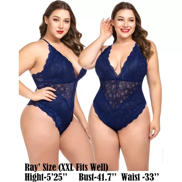 Avidlove Women Snap Crotch Lingerie Sexy Lace Bodysuit Deep V Teddy One Piece Lace BabydollDark Bluewith Snap Crotch