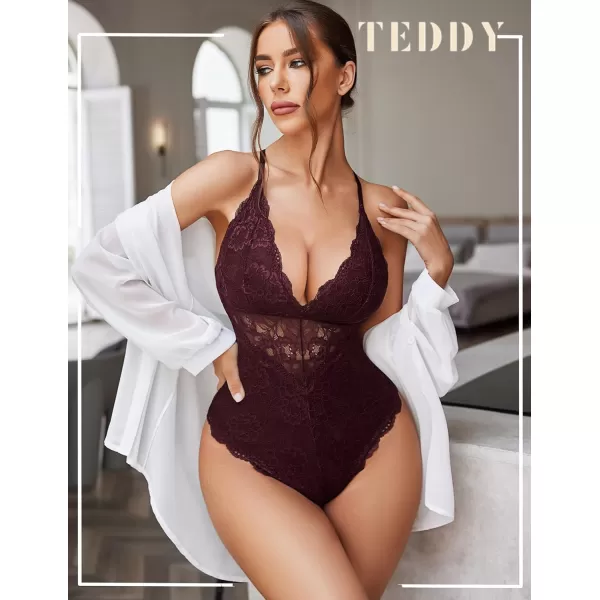 Avidlove Women Snap Crotch Lingerie Sexy Lace Bodysuit Deep V Teddy One Piece Lace BabydollDark Brownwith Snap Crotch