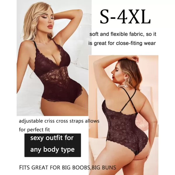 Avidlove Women Snap Crotch Lingerie Sexy Lace Bodysuit Deep V Teddy One Piece Lace BabydollDark Brownwith Snap Crotch