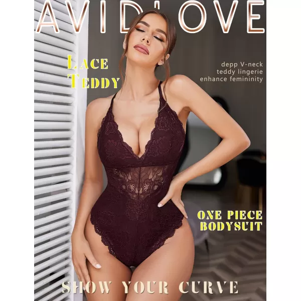 Avidlove Women Snap Crotch Lingerie Sexy Lace Bodysuit Deep V Teddy One Piece Lace BabydollDark Brownwith Snap Crotch