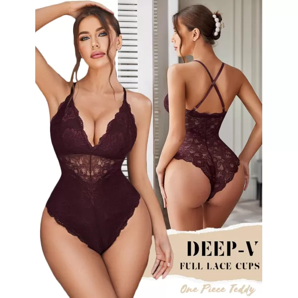 Avidlove Women Snap Crotch Lingerie Sexy Lace Bodysuit Deep V Teddy One Piece Lace BabydollDark Brownwith Snap Crotch