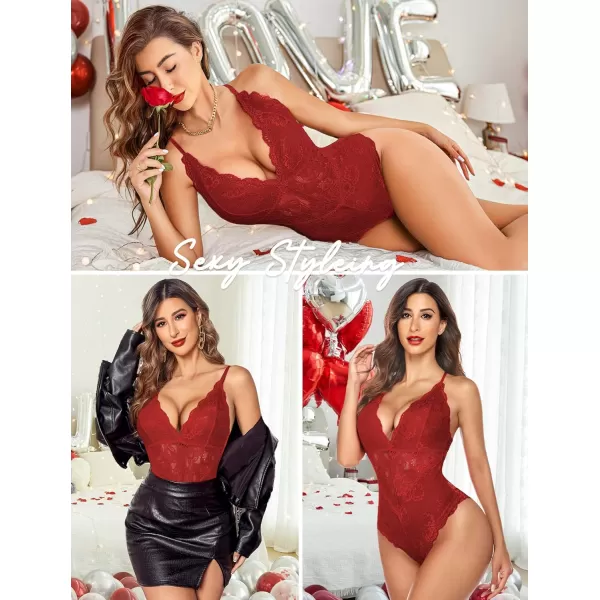 Avidlove Women Snap Crotch Lingerie Sexy Lace Bodysuit Deep V Teddy One Piece Lace BabydollDark Redwith Snap Crotch