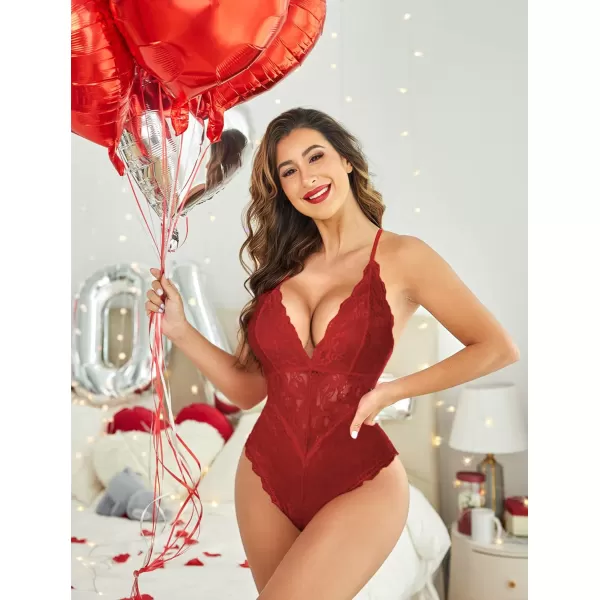 Avidlove Women Snap Crotch Lingerie Sexy Lace Bodysuit Deep V Teddy One Piece Lace BabydollDark Redwith Snap Crotch