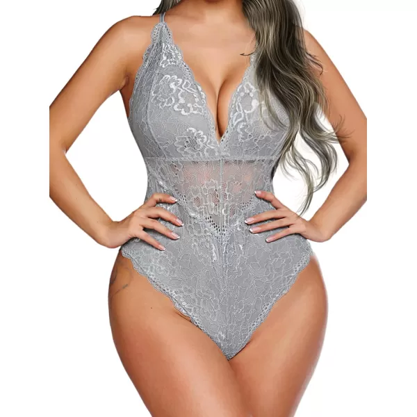 Avidlove Women Snap Crotch Lingerie Sexy Lace Bodysuit Deep V Teddy One Piece Lace BabydollGraywith Snap Crotch