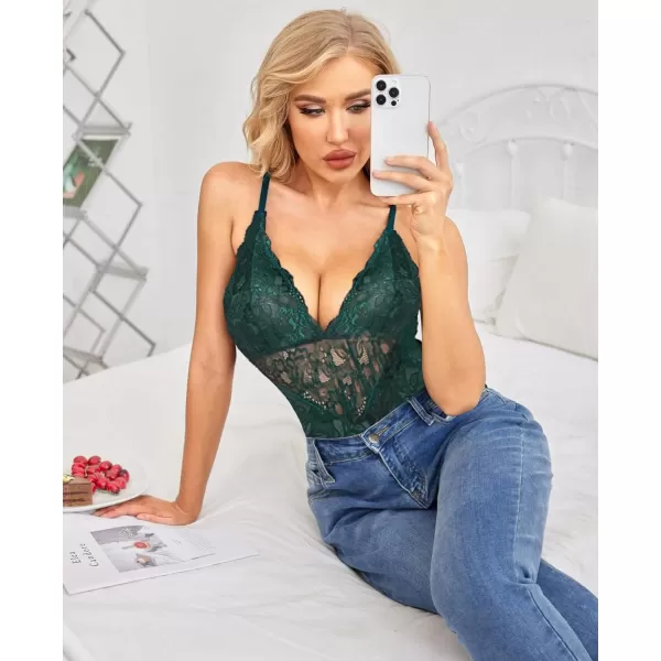 Avidlove Women Snap Crotch Lingerie Sexy Lace Bodysuit Deep V Teddy One Piece Lace BabydollGreenwith Snap Crotch