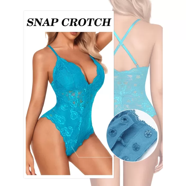 Avidlove Women Snap Crotch Lingerie Sexy Lace Bodysuit Deep V Teddy One Piece Lace BabydollLight Bluewith Snap Crotch