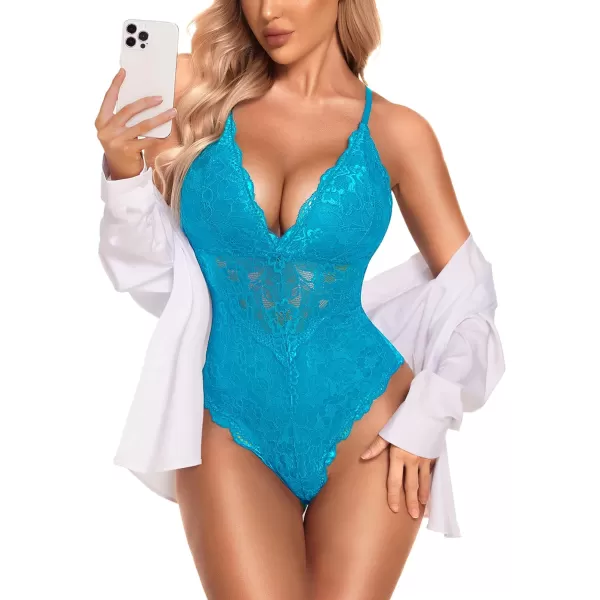 Avidlove Women Snap Crotch Lingerie Sexy Lace Bodysuit Deep V Teddy One Piece Lace BabydollLight Bluewith Snap Crotch