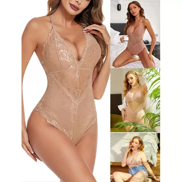 Avidlove Women Snap Crotch Lingerie Sexy Lace Bodysuit Deep V Teddy One Piece Lace BabydollLight Khaki