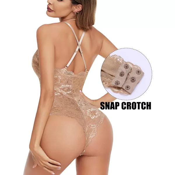 Avidlove Women Snap Crotch Lingerie Sexy Lace Bodysuit Deep V Teddy One Piece Lace BabydollLight Khaki