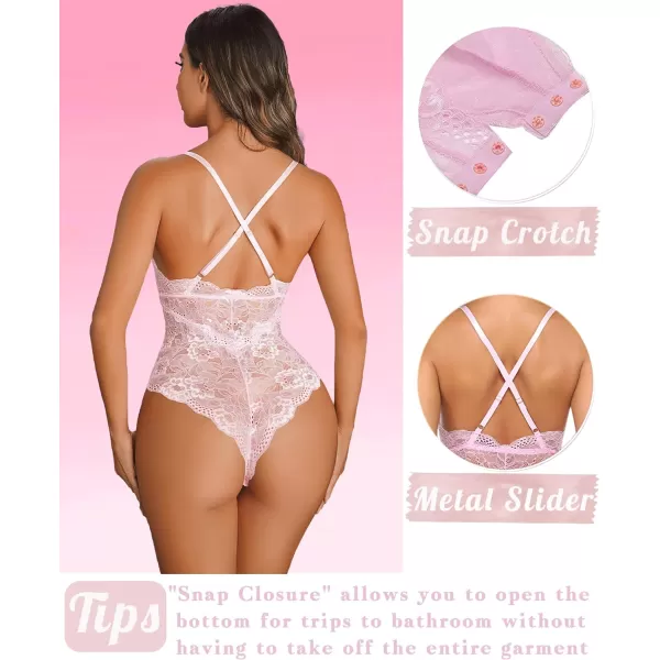 Avidlove Women Snap Crotch Lingerie Sexy Lace Bodysuit Deep V Teddy One Piece Lace BabydollLight Pinkwith Snap Crotch